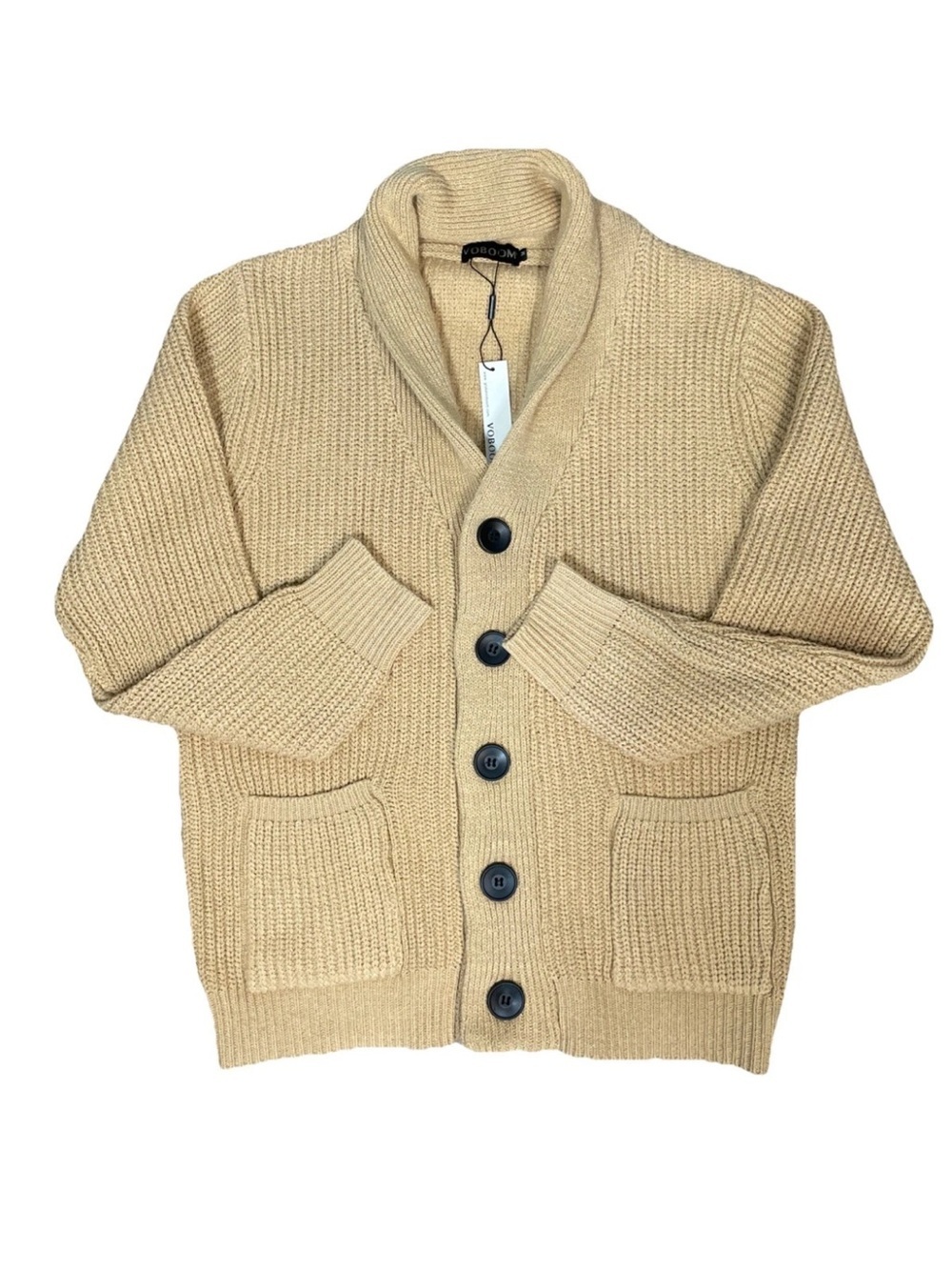 Voboom Men's Cardigan Chunky Knit Heavy Medium Camel Wool Blend Academia